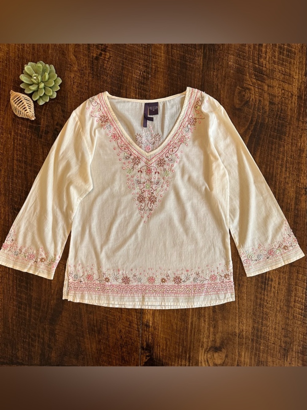 Taunt | Boho Chic V-Neck Top with Floral Embroidery and Beading, Size M